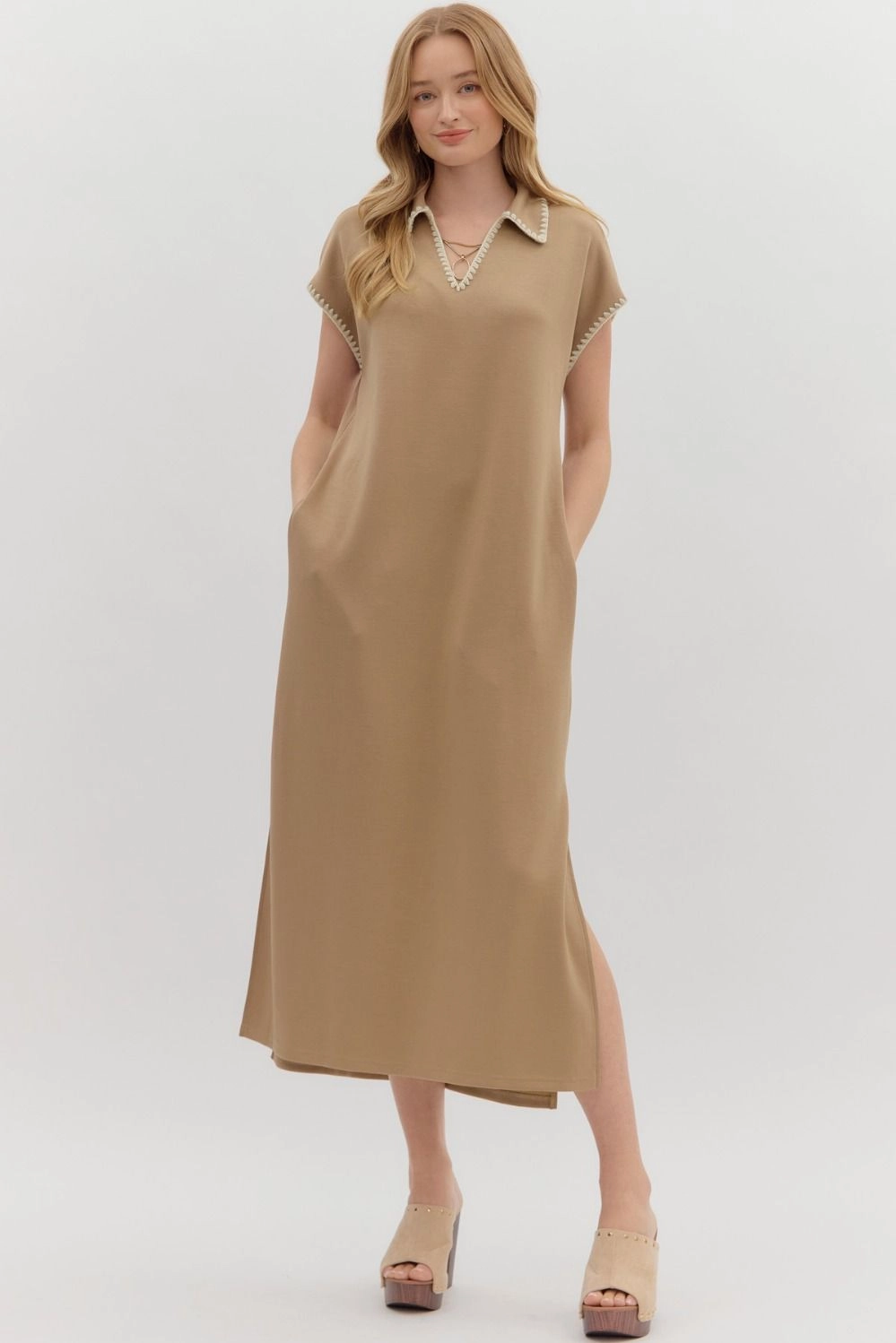 Balanced feel TaglessDesign Solid Jersey Spread Collar Short Sleeve Side Slit Pullover Midi Dress