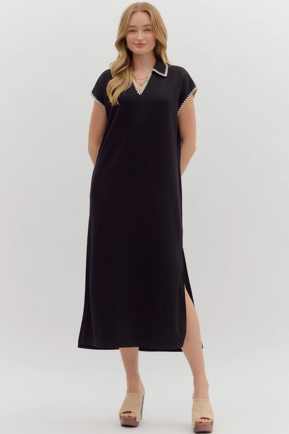 Flattering Design Wear Solid Jersey Spread Collar Short Sleeve Side Slit Pullover Midi Dress