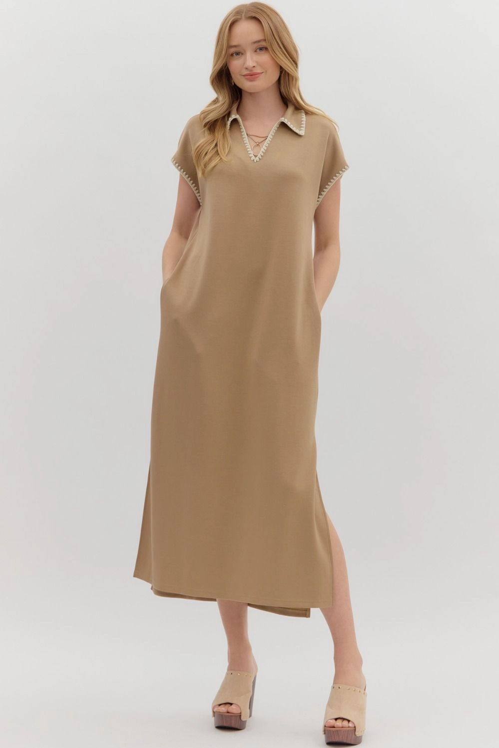 Relaxed Waist Fit Feminine Energy Solid Jersey Spread Collar Short Sleeve Side Slit Pullover Midi Dress