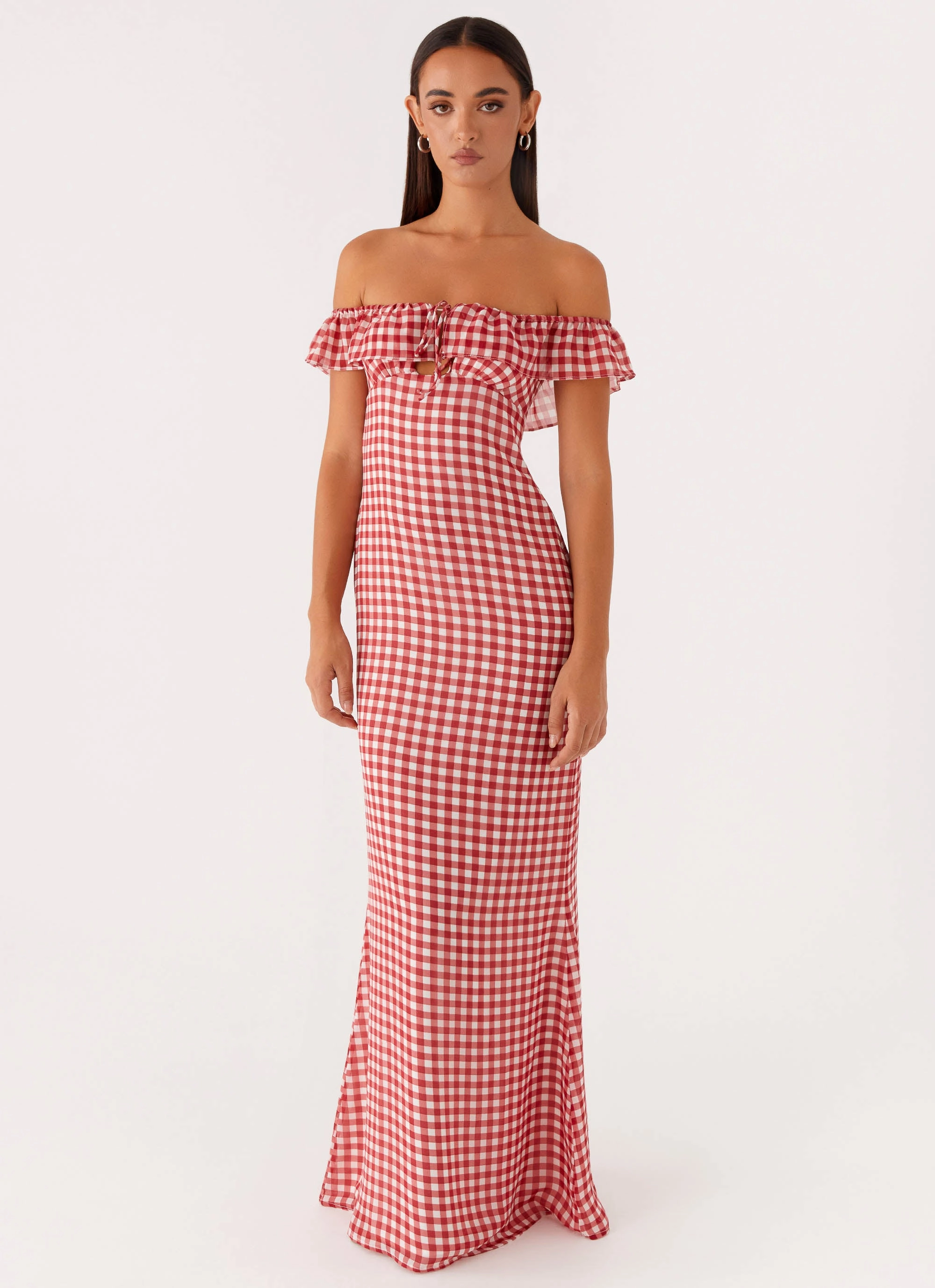 Scarlet Cherry Maxi Dress - Red Gingham Simple Elegance Silky Touch