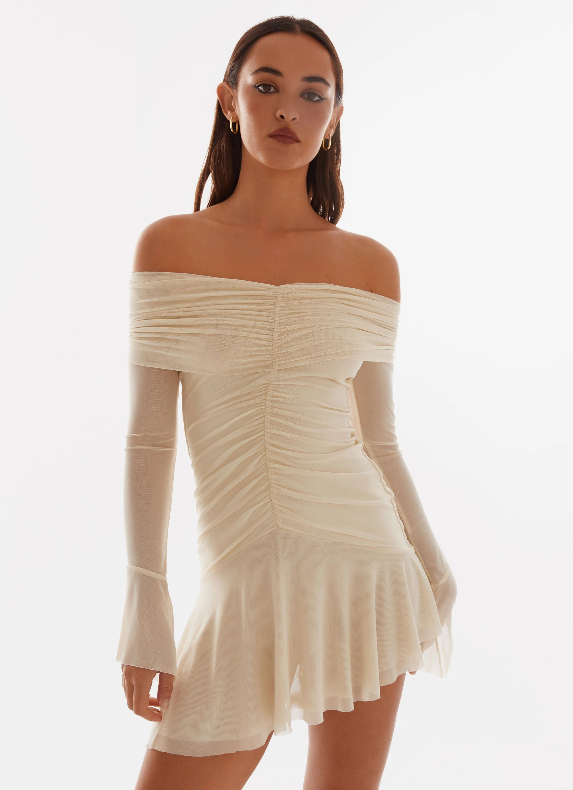 Ellis Ruched Mini Dress - Pastel Yellow Stylish Fit Striped-Pattern