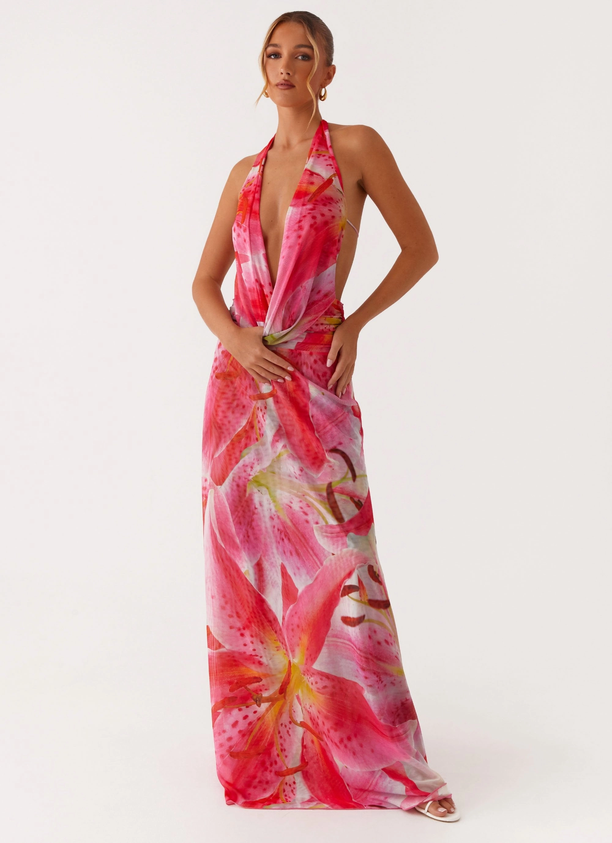 Elysia Mesh Maxi Dress - White Pink Lilly Perfect Fit Vacation Vibe