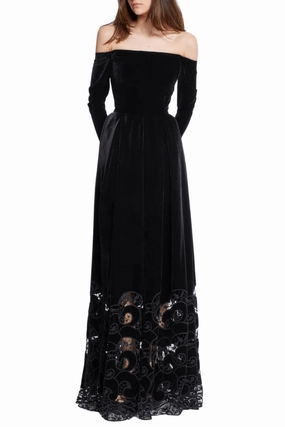 Sleek Cut Embroidered Velvet Long Dress