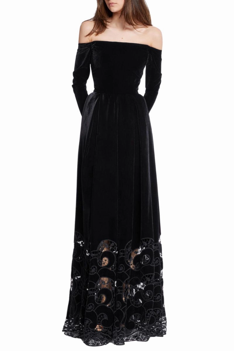 Sleek Cut Embroidered Velvet Long Dress