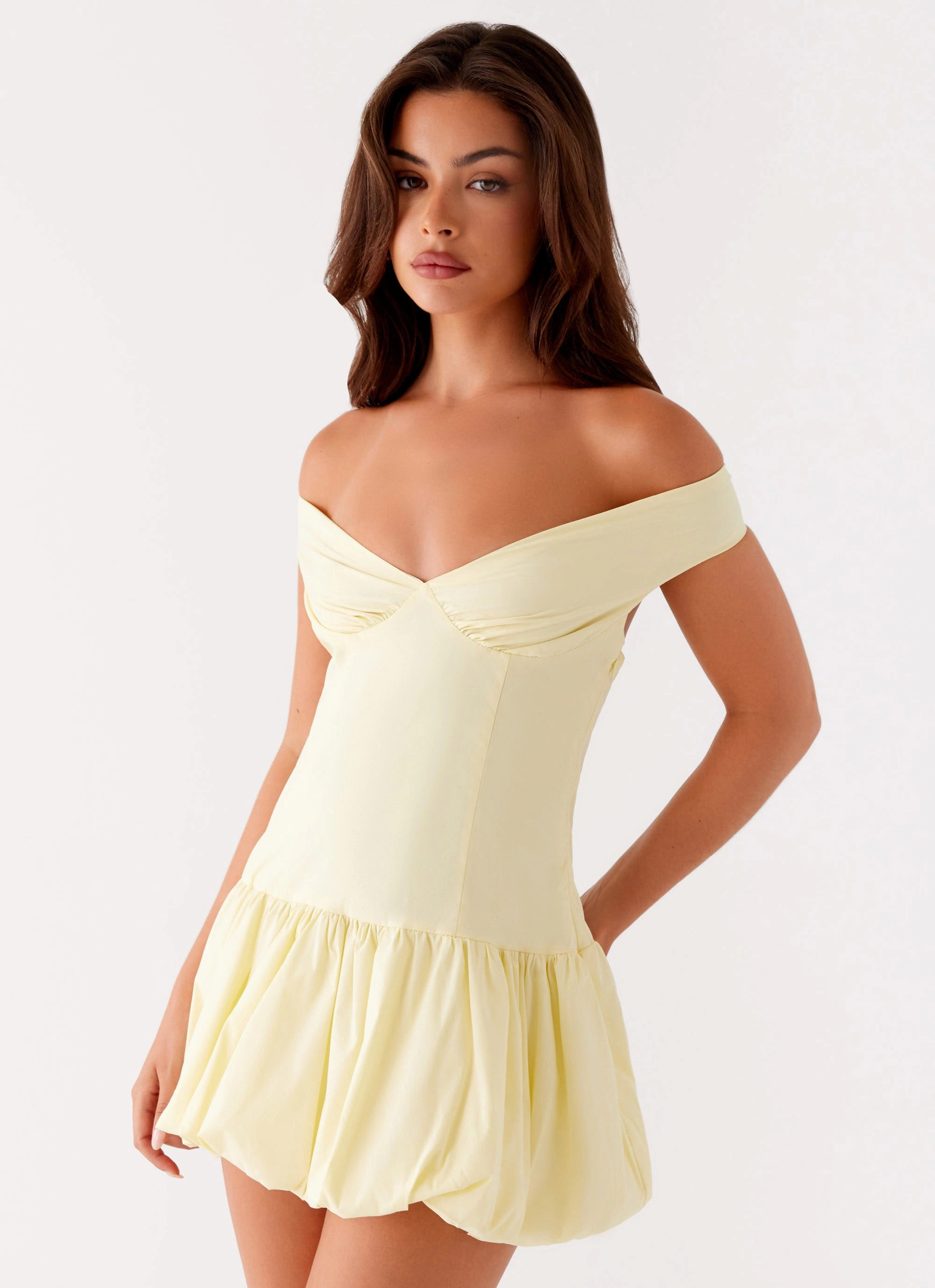 Smart Texture Timeless fitted silhouette Endless Romance Off Shoulder Mini Dress - Yellow
