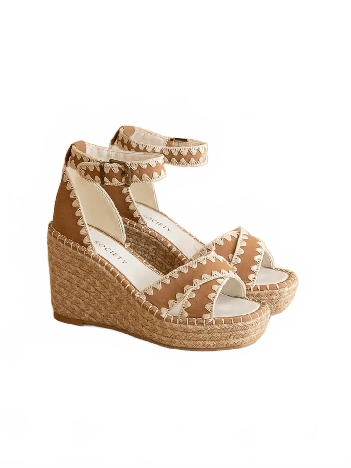 Women's Essie Espadrille Embroidered Wedge In Camel Contoured Foot Shape