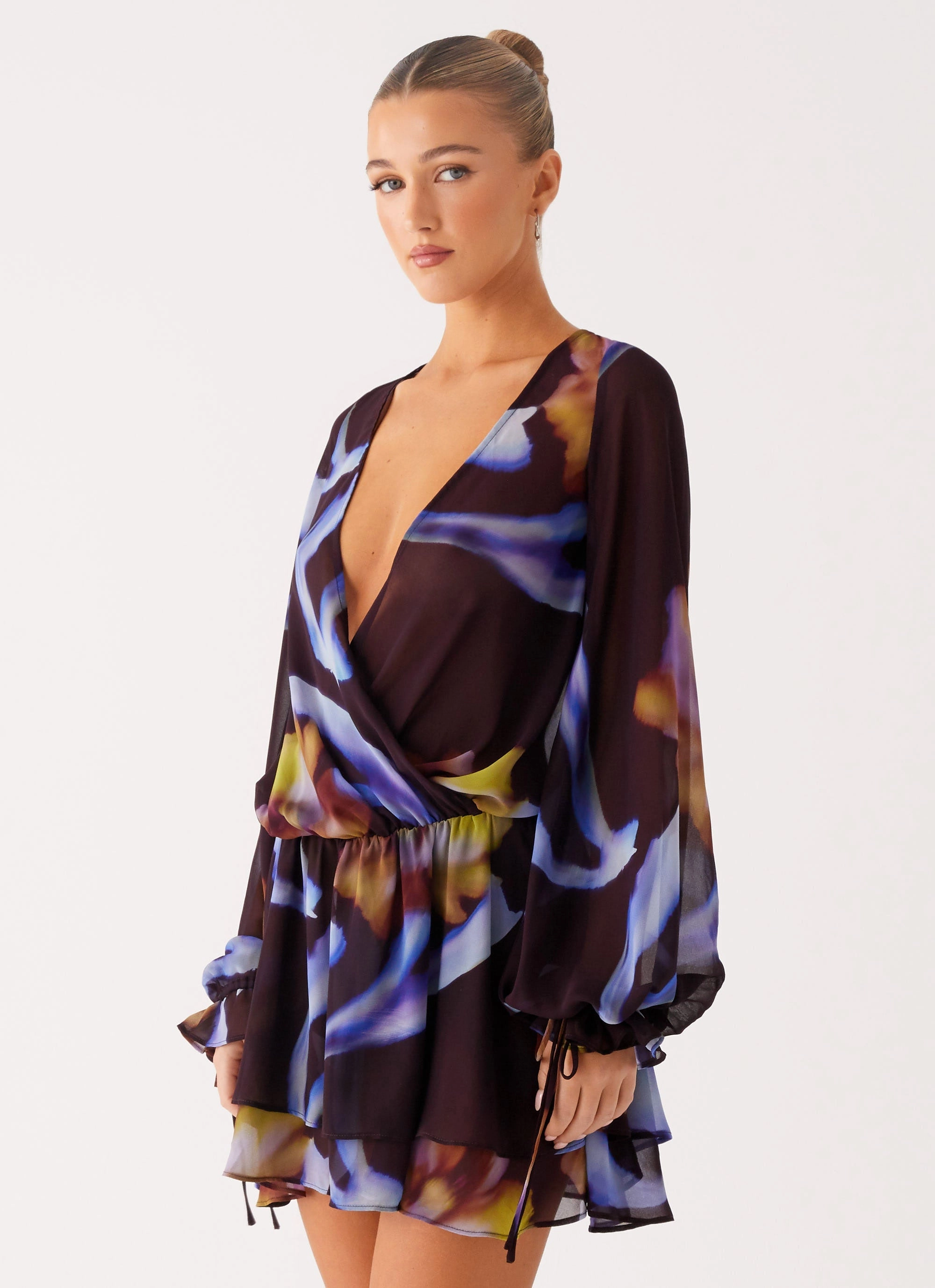 Passion Long Sleeve Mini Dress - Dark Floral Texture Rich Trendy pick