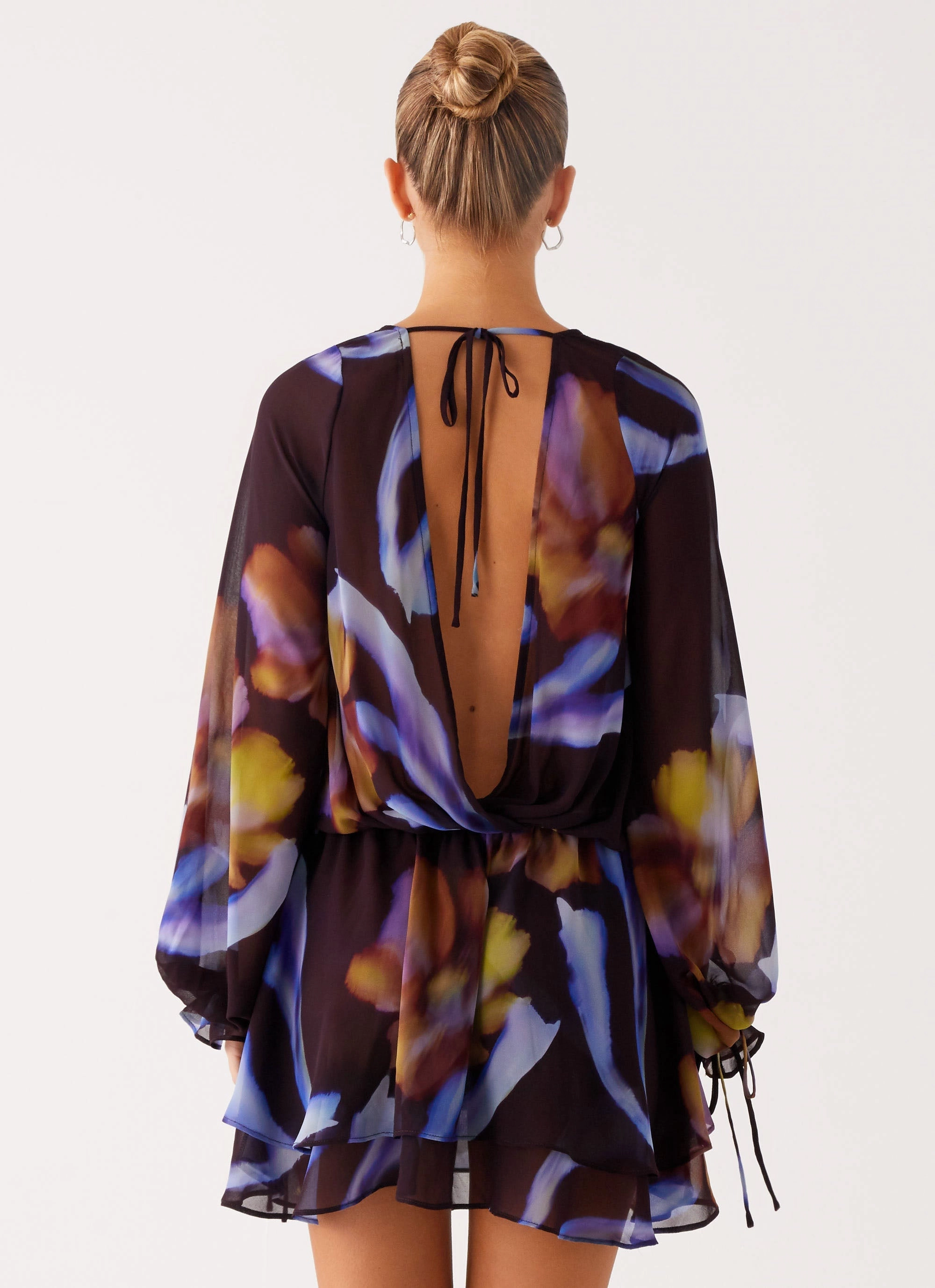 Modest Cut Mature Glam Passion Long Sleeve Mini Dress - Dark Floral