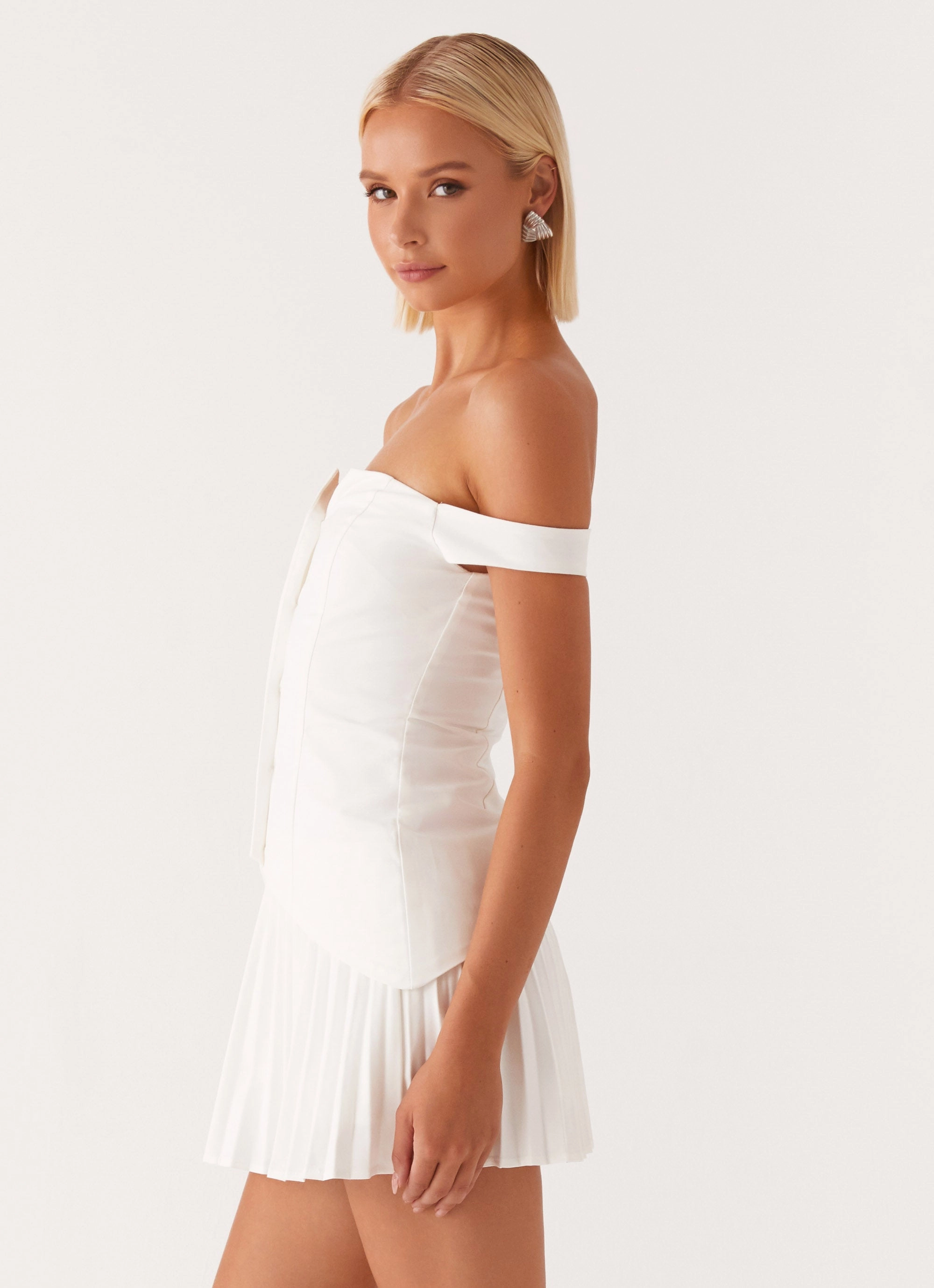 Twisted Skies Off Shoulder Mini Dress - Off White Form Focus