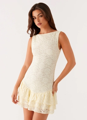 Manuka Ruffle Mini Dress - Yellow Ruffle Hem