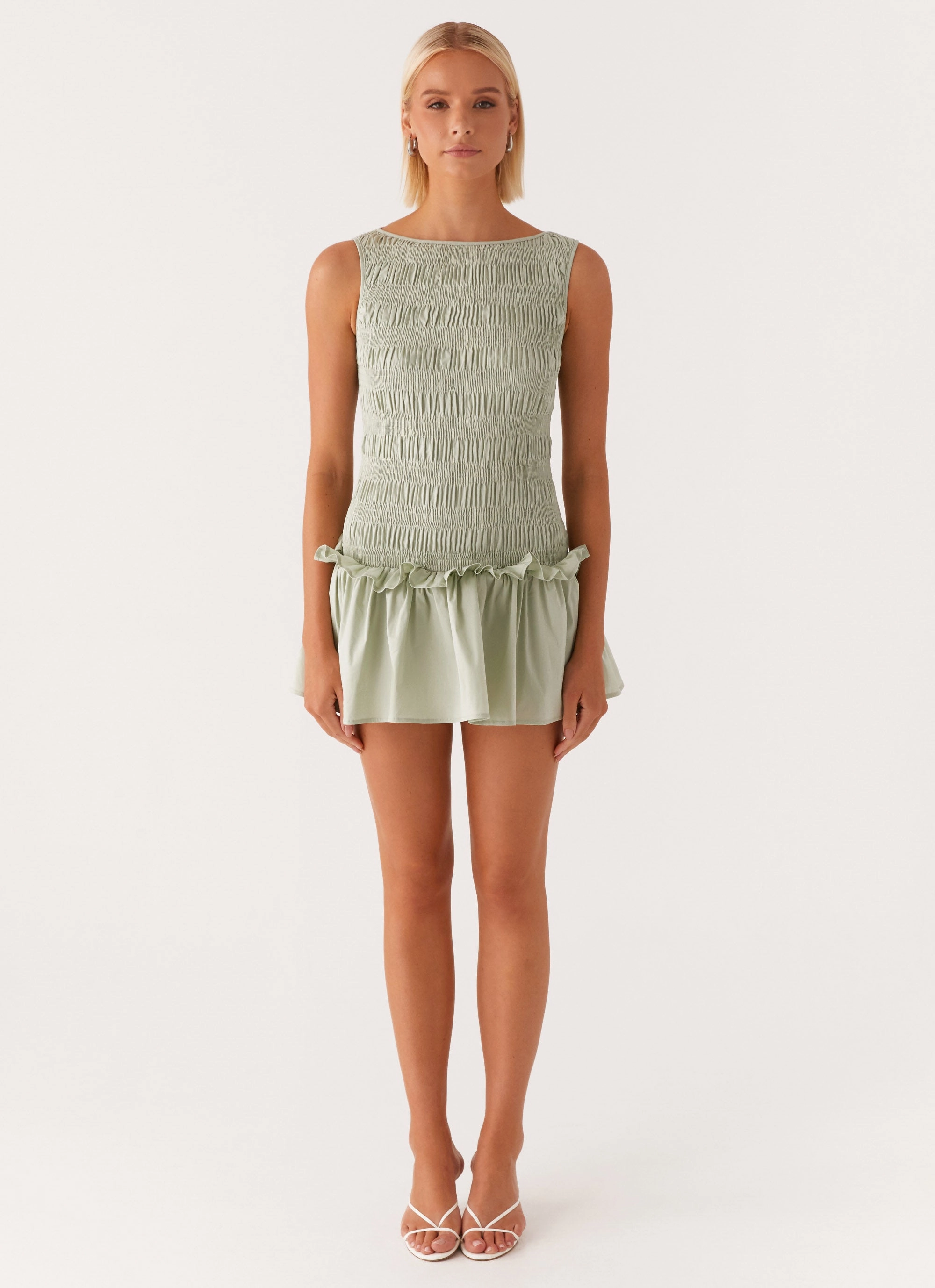 Chic And Comfortable Modern Staple Garden Kisses Shirred Mini Dress - Sage
