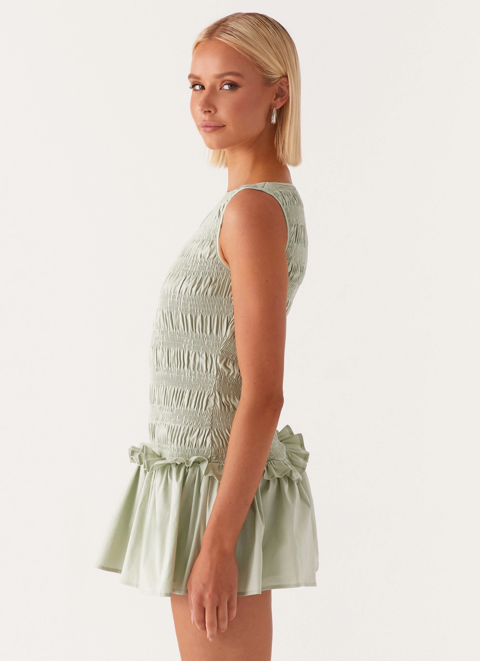 Garden Kisses Shirred Mini Dress - Sage Smooth Layers Lightweight Fabric