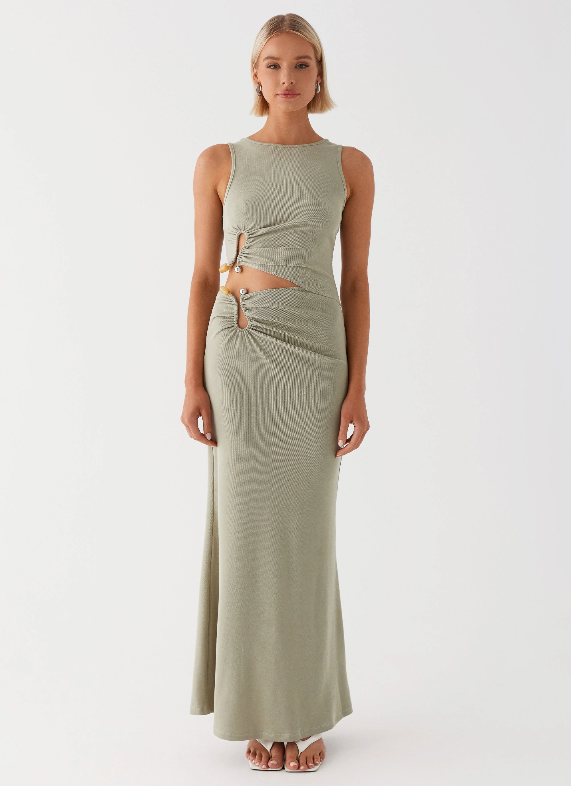 Embroidered-Sleeve Pleated design Lennox Maxi Dress - Sage