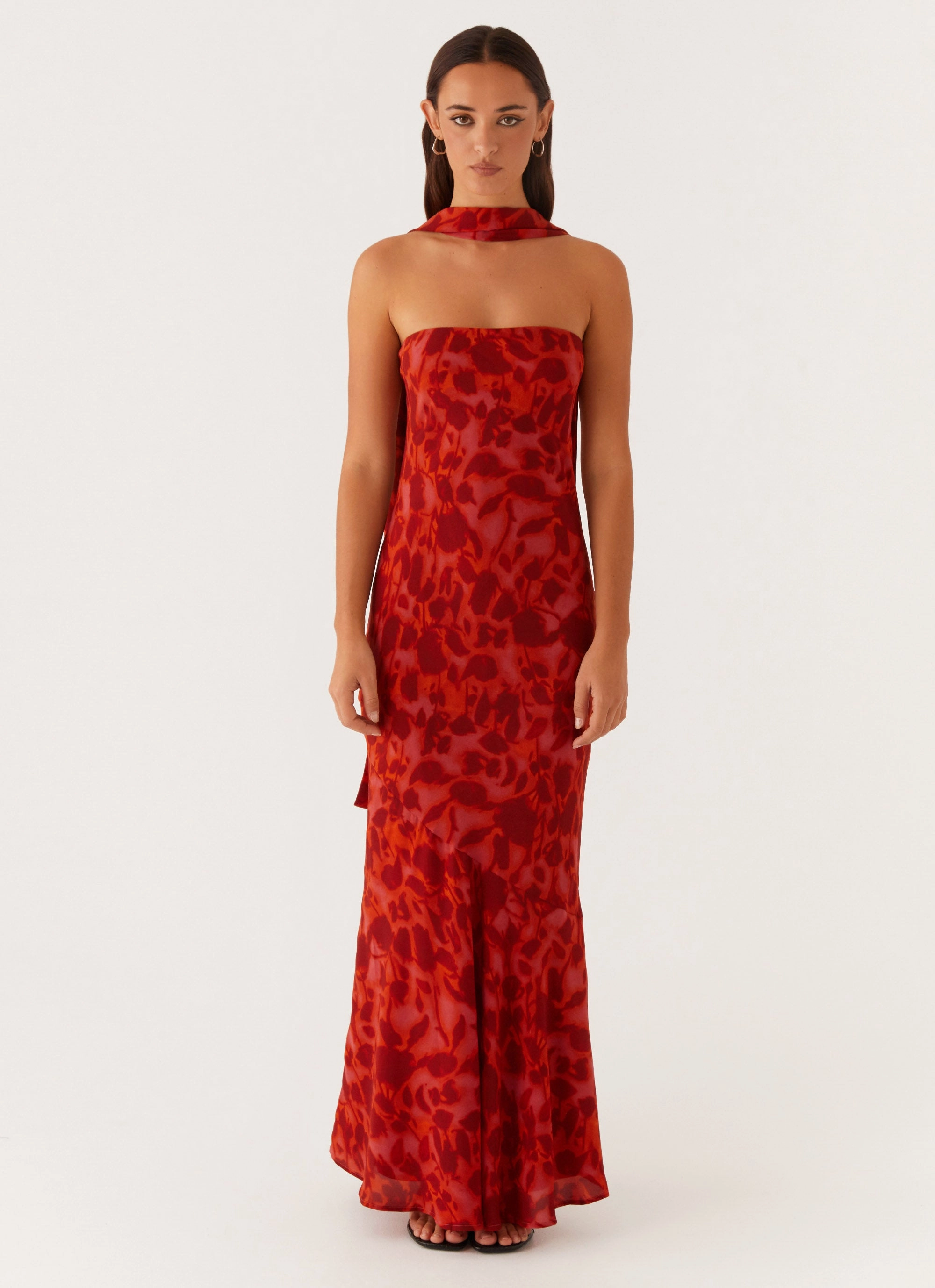 Under The Pagoda Maxi Dress - Deep Red Floral Smart Lines