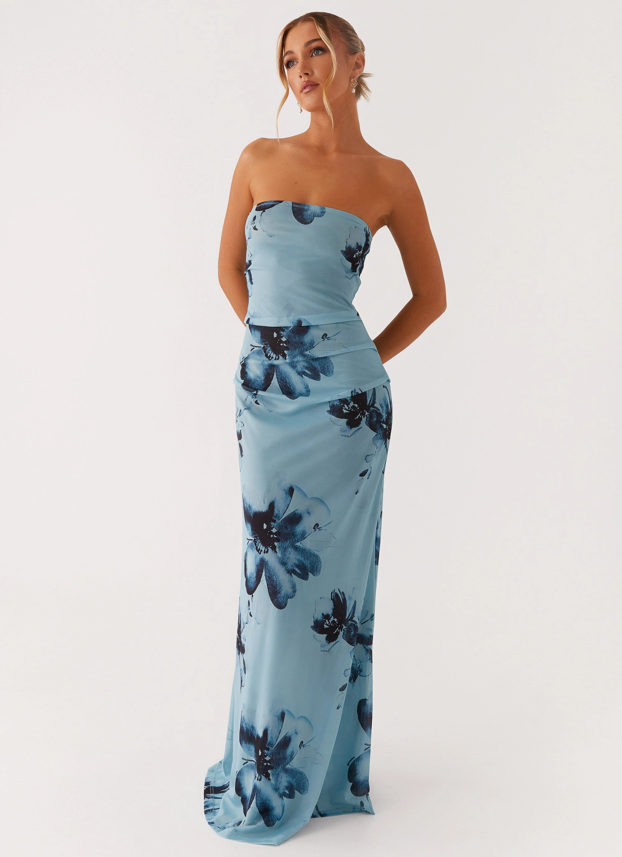Field Of Dreams Maxi Dress - Blue Black Floral Beach Walk Satin Layers