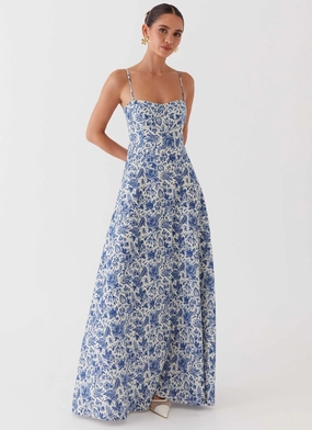 Angelina Linen Maxi Dress - Blue Paisley Bold Mood