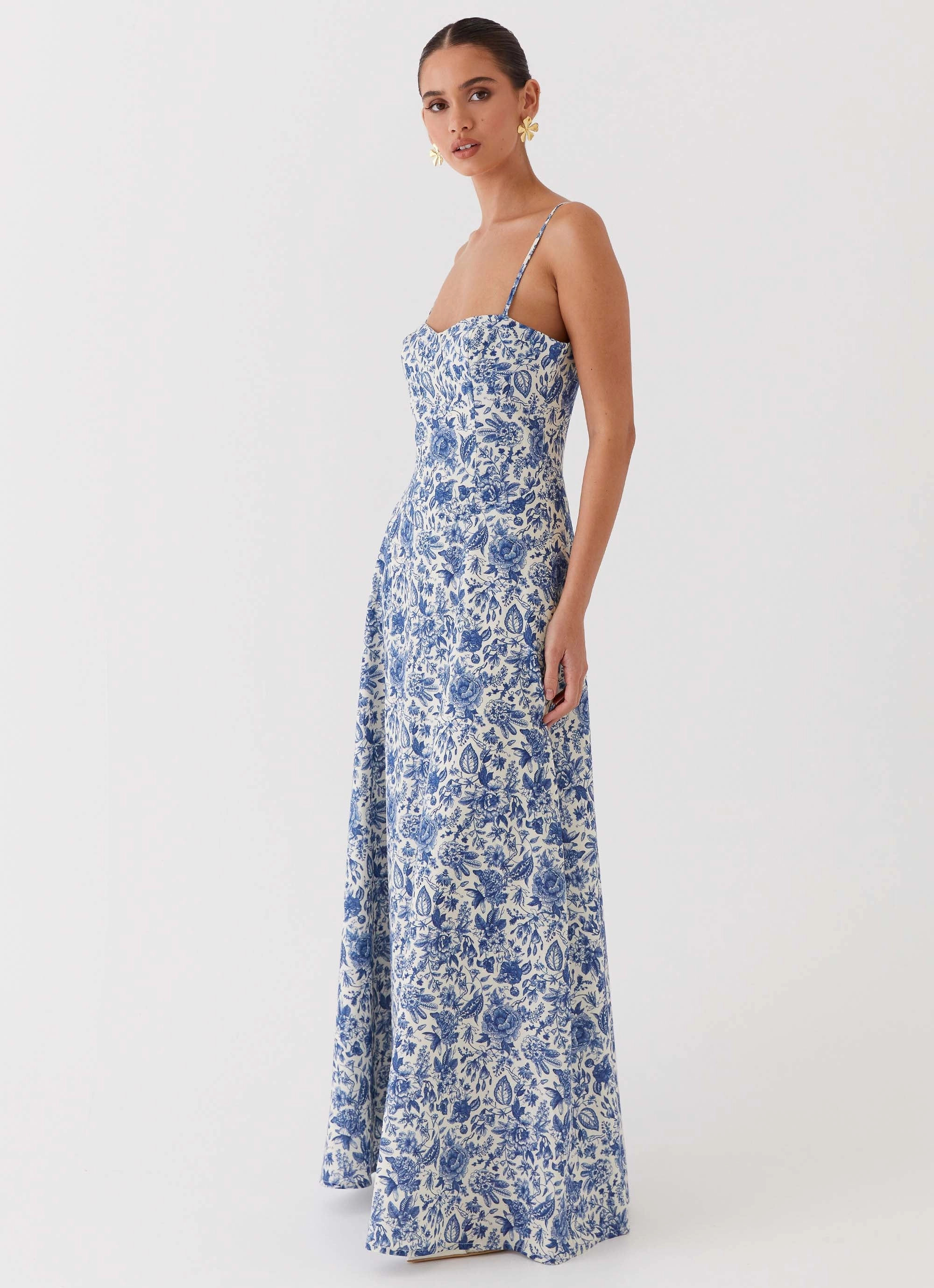 Angelina Linen Maxi Dress - Blue Paisley Modern Layering Grass Soft