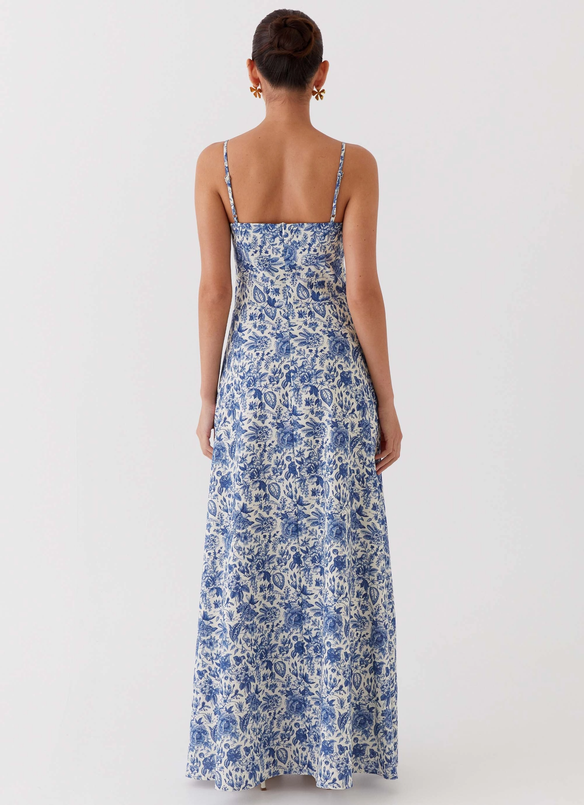 Cozy Drape High Cut Angelina Linen Maxi Dress - Blue Paisley