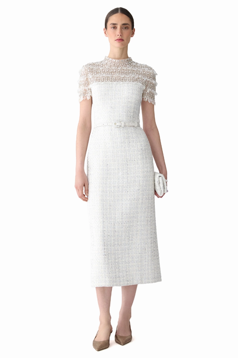 Air Layer Modest Cut Tweed Midi Dress
