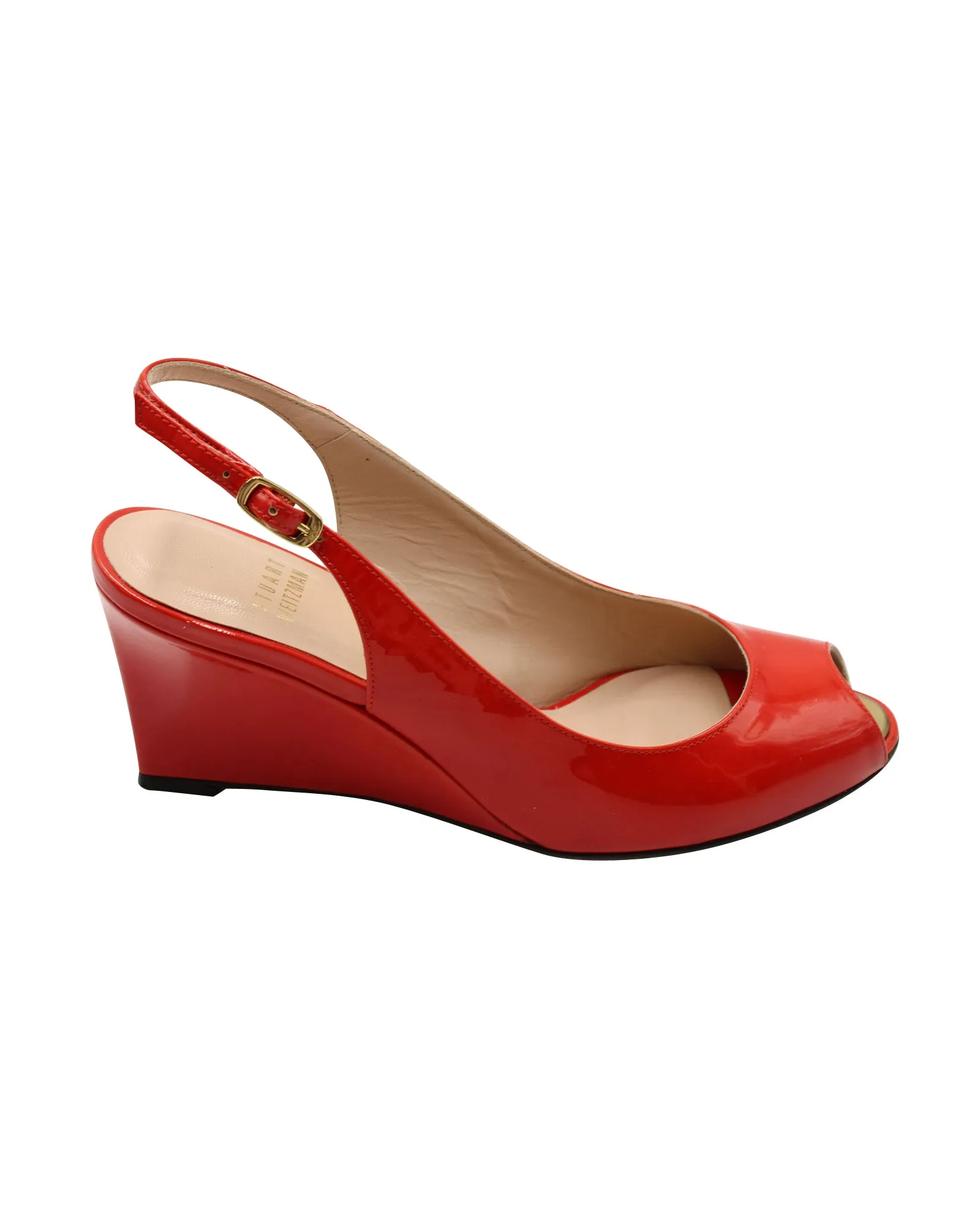 Simple Footwear Stuart Weitzman Slingback Peep-Toe Wedge in Red Patent Leather