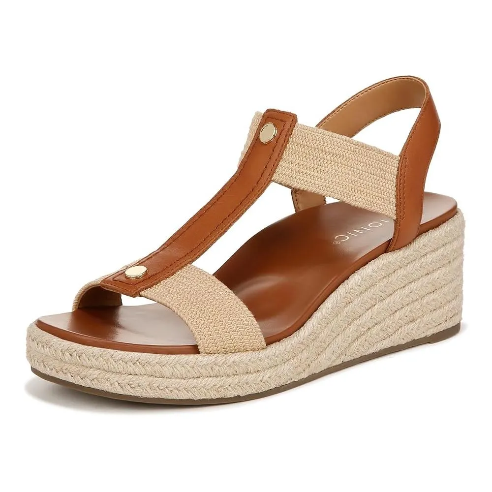 Vionic Womens Calera Wedge Sandal - Camel Brown Leather Bare Foot Low Profile
