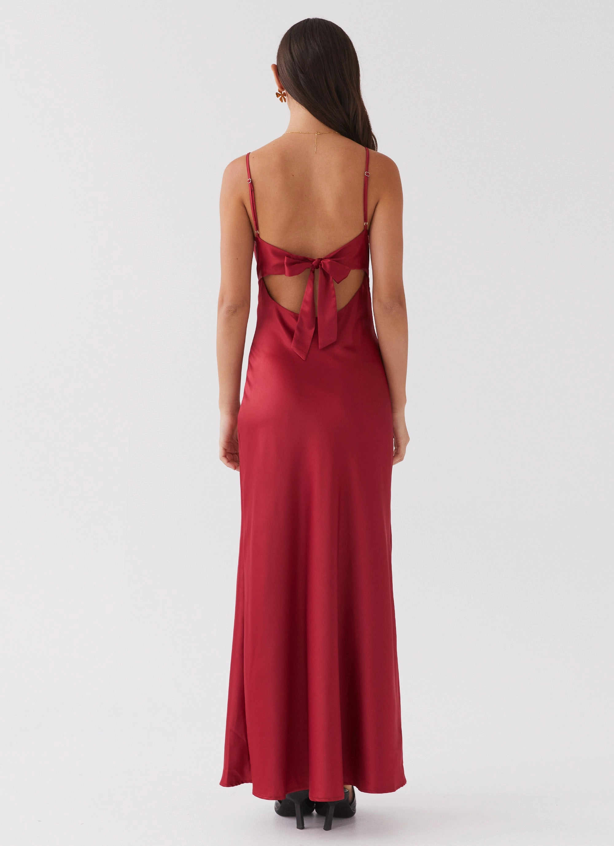 Stylish Vibe Flora Satin Maxi Dress - Cherry