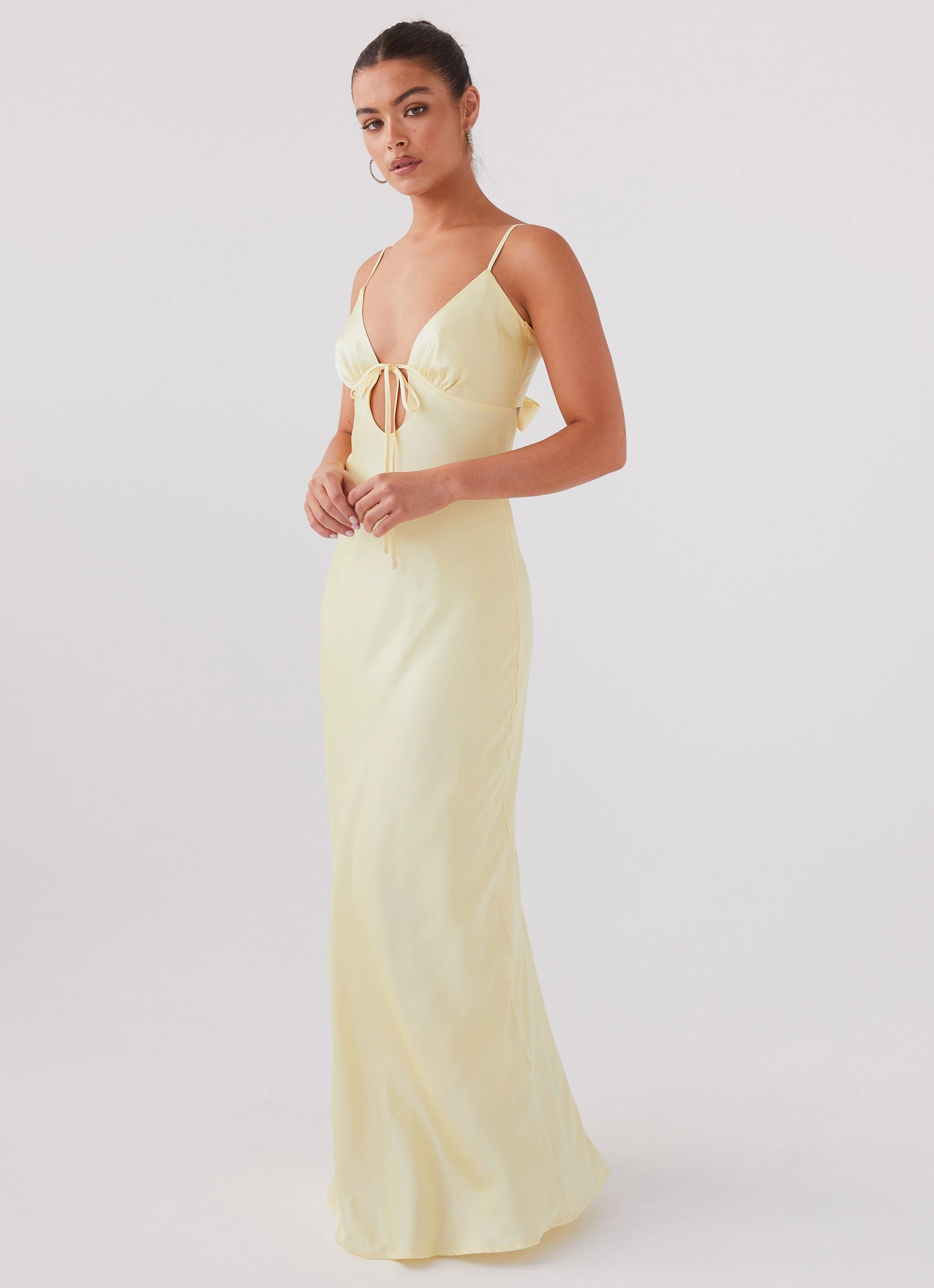 Stylish Wear Texture Rich Flora Satin Maxi Dress - Lemon