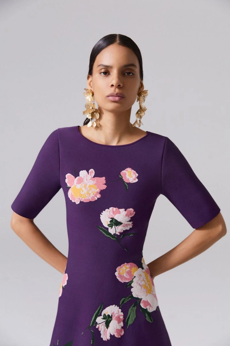 Floral Jacquard Boat-Neck Dress Sleek Presence Vibrant Design