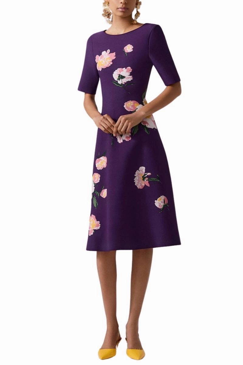Floral Jacquard Boat-Neck Dress Sophisticated Comfort