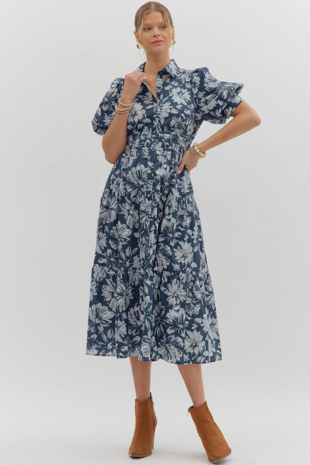Floral Pattern Cuff Band Short Puff Sleeve Midi Dress Daytime Look Wrinkle-Free-Finish