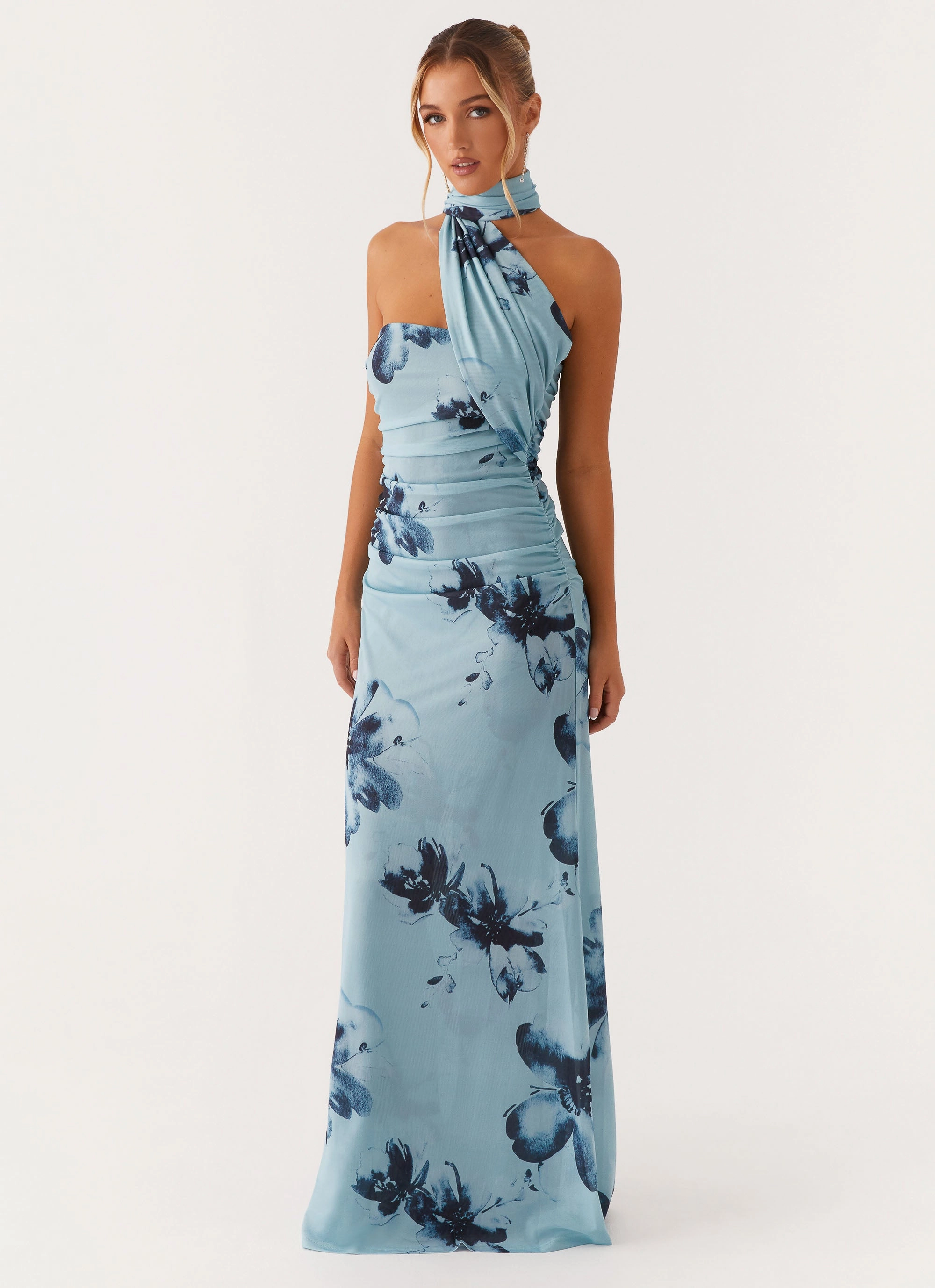 Satin-Edge Red-Carpet Songbird Maxi Dress - Blue Black Floral