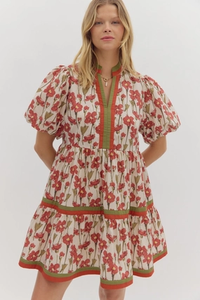 Floral Print Short Bubble Sleeve Pullover Tiered Mini Dress Compressible Tailored Mood