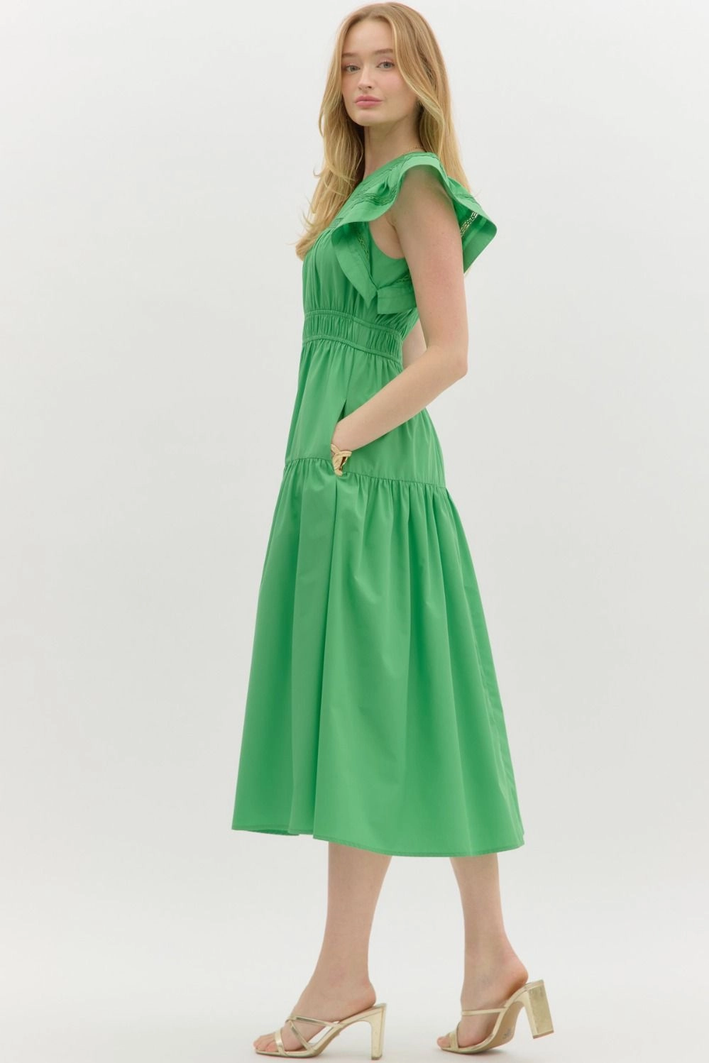 Flutter Sleeve Split V-Neck Pullover Tiered Midi Dress Skin Touch Effortless Touch