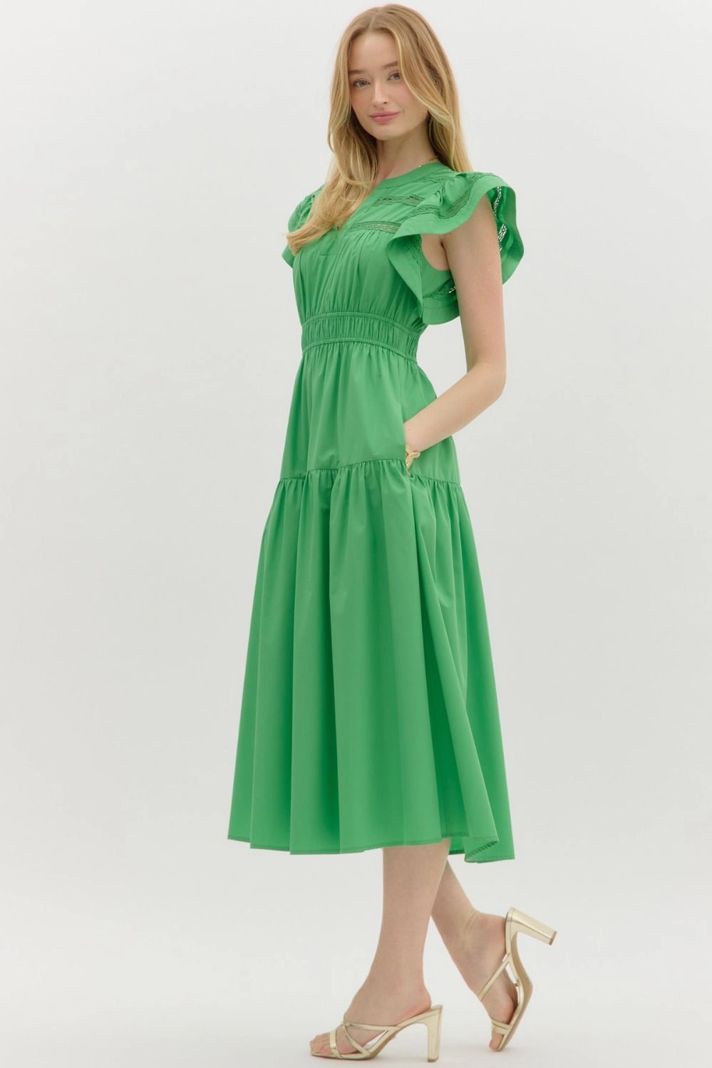 Flutter Sleeve Split V-Neck Pullover Tiered Midi Dress Fashionable Comfort Wear