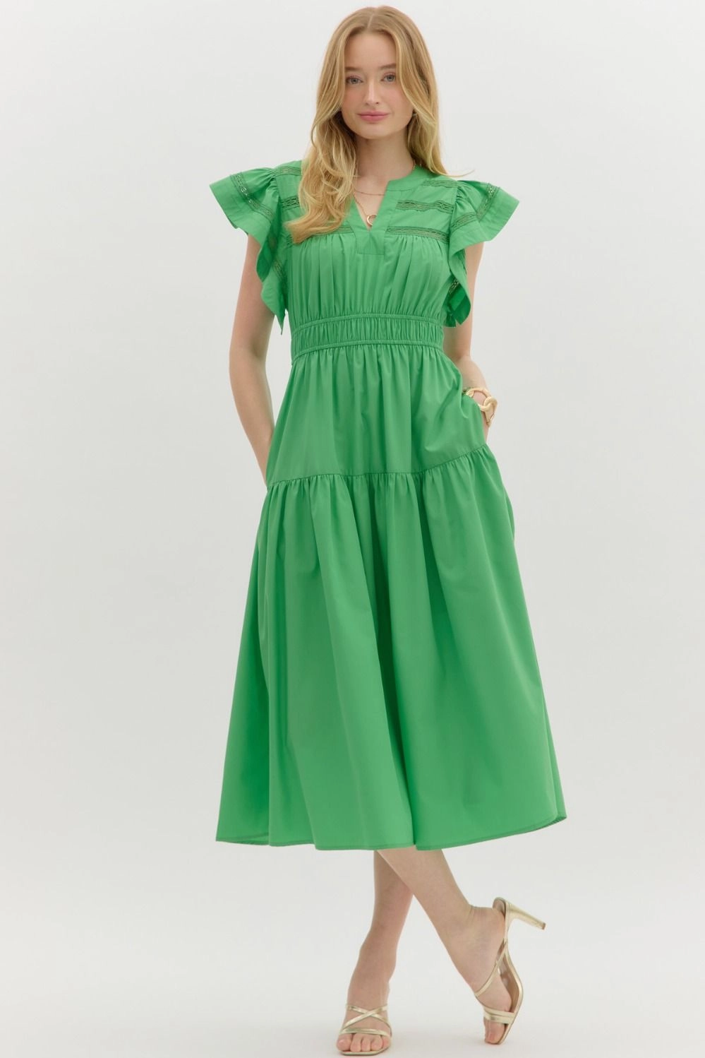 Season Ready Flutter Sleeve Split V-Neck Pullover Tiered Midi Dress