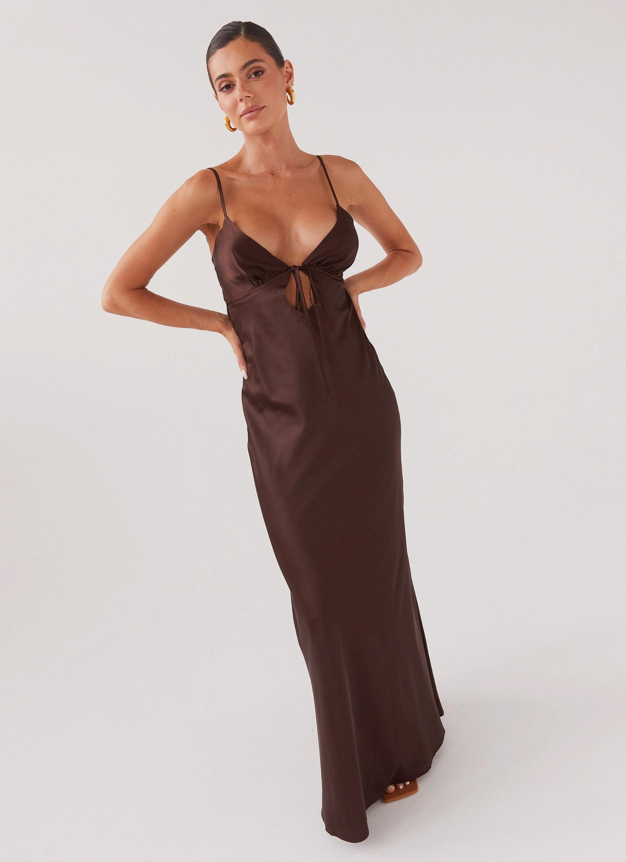 Warm Pink Date Vibe Flora Satin Maxi Dress - Chocolate