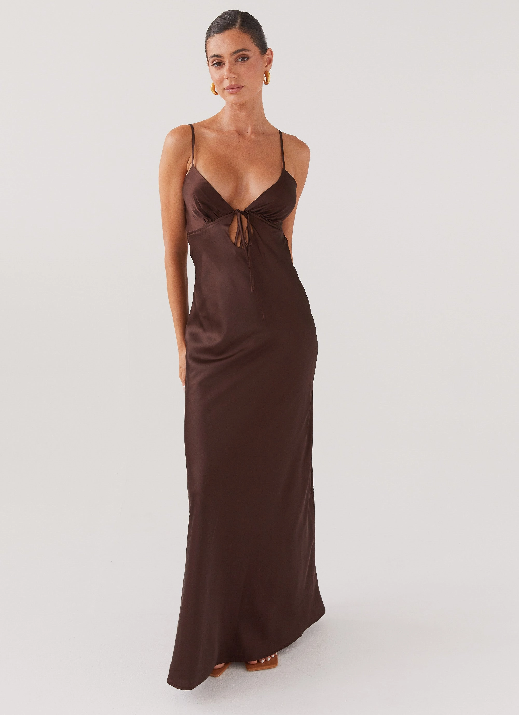 High Hemline Flora Satin Maxi Dress - Chocolate