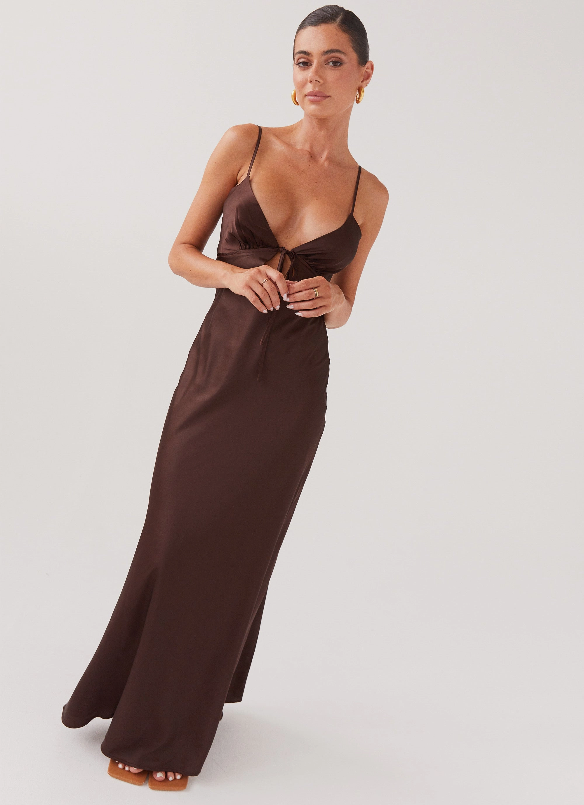 Satin Grace Interchangeable-Detail Flora Satin Maxi Dress - Chocolate