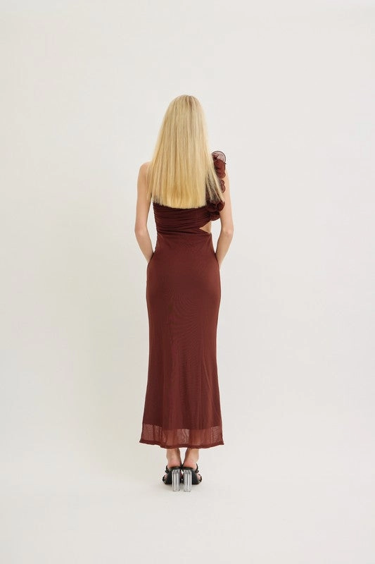Frill And Cutout Waist Detail One Shoulder Mesh Maxi Dress Effortless Wear