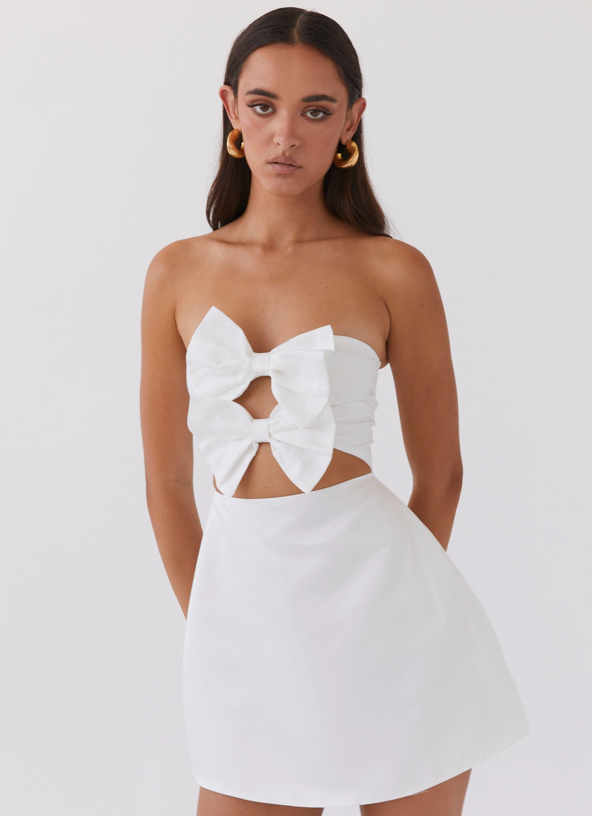 Button-front Girl Crush Bow Mini Dress - White