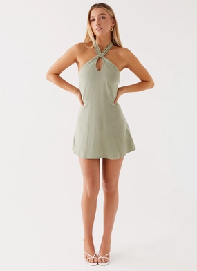 Smooth Vibes Versatile Edge Counting Stars Linen Halterneck Dress - Sage