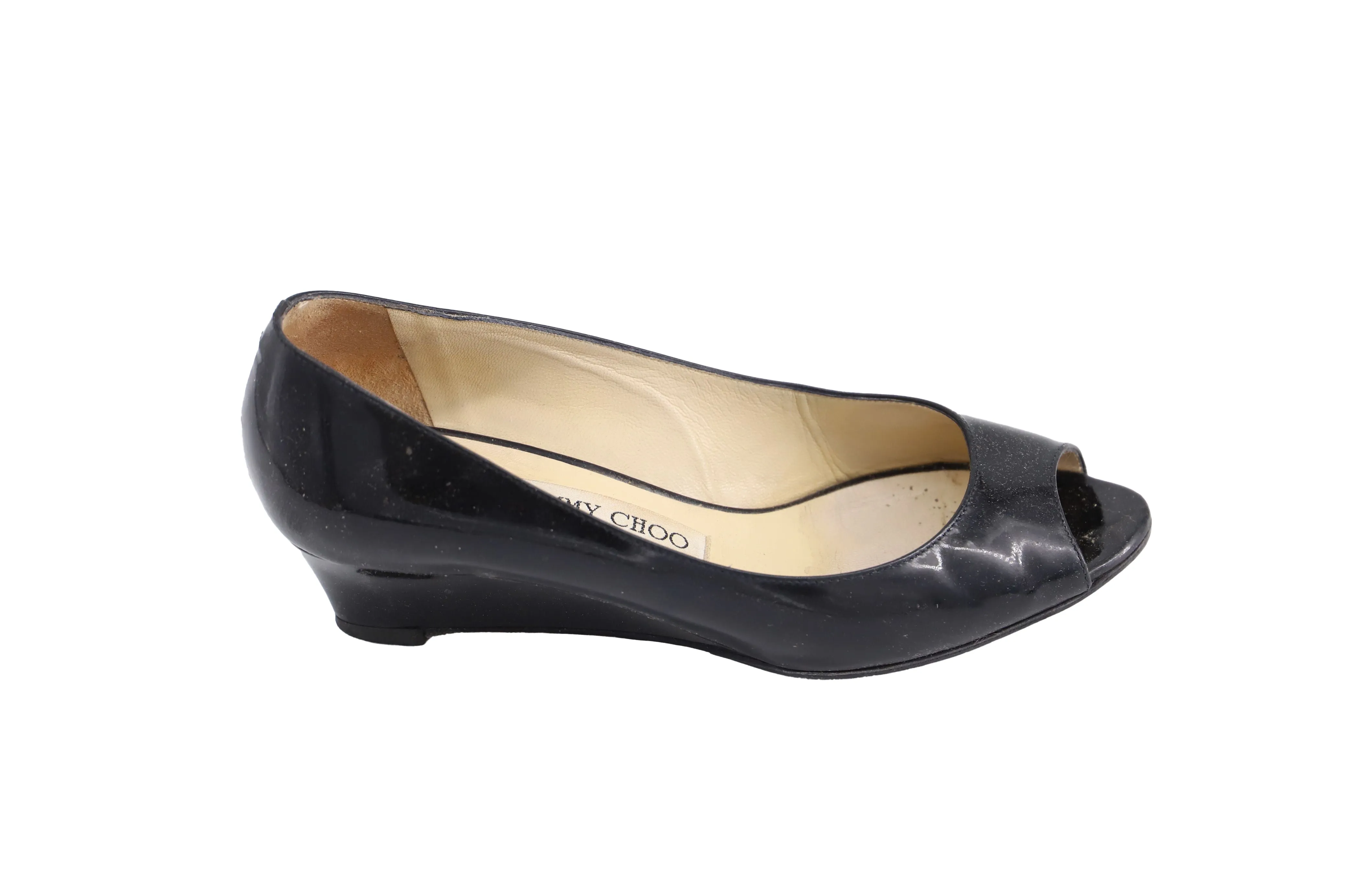 Comfortable Travel Fast Fit Jimmy Choo 'Baxen' Peep-toe Wedges in Black Patent Leather