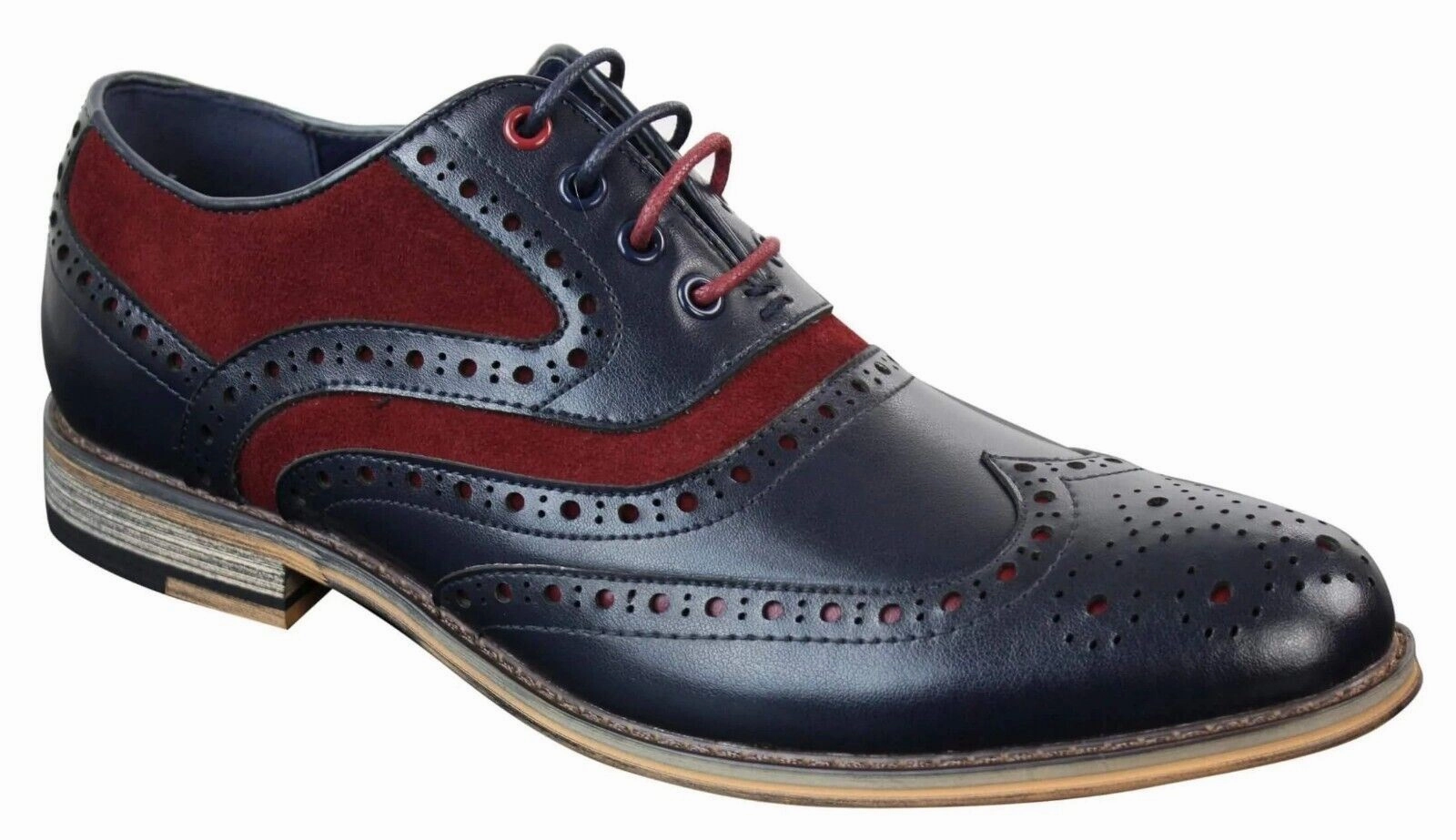 Mens Classic Burgundy Suede Oxford Brogue Shoes in Navy Leather Custom Edge Double Stitch