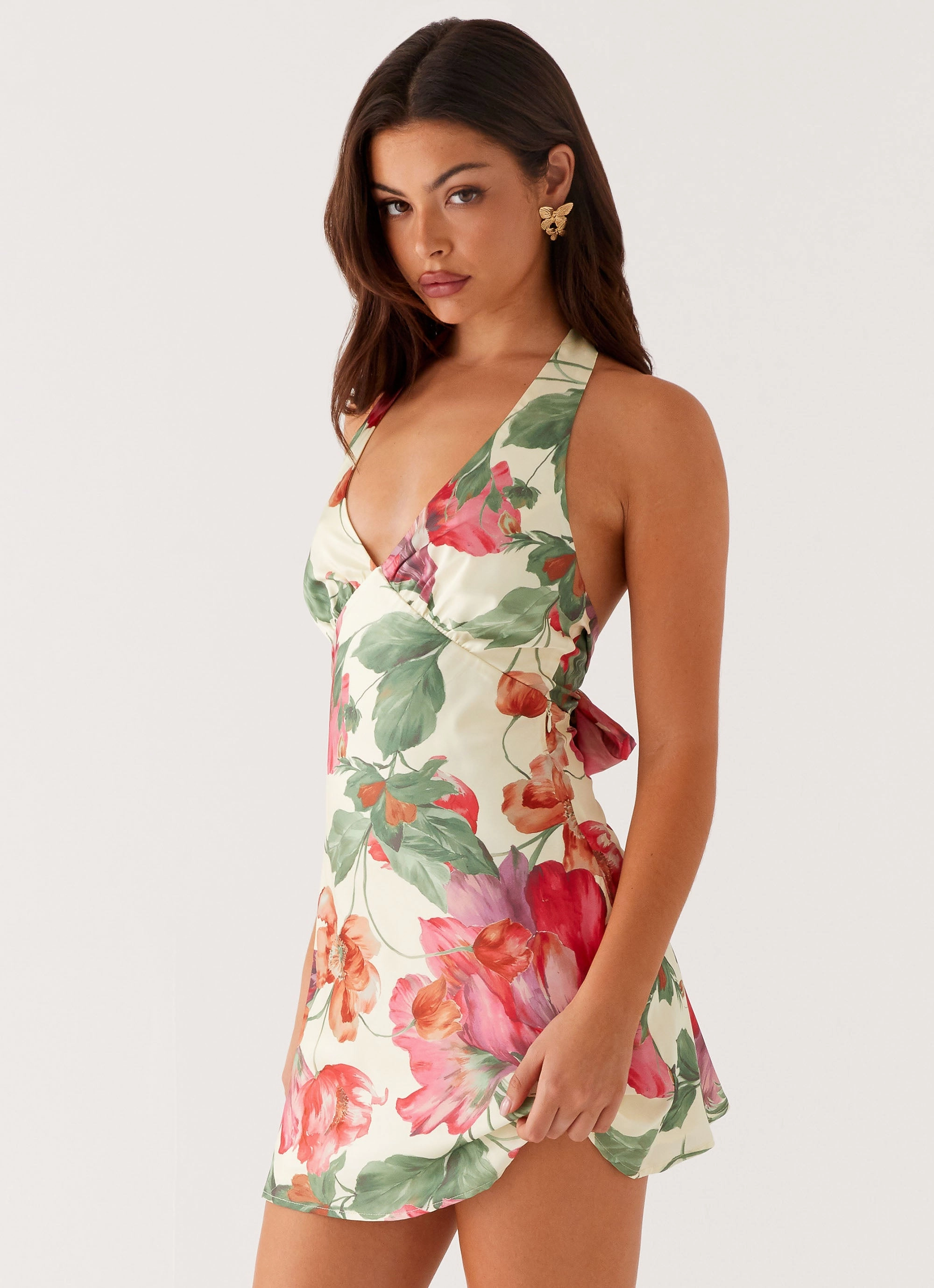 Heavy Hearted Mini Dress - Yellow Floral Daily Wear Metallic-Shine