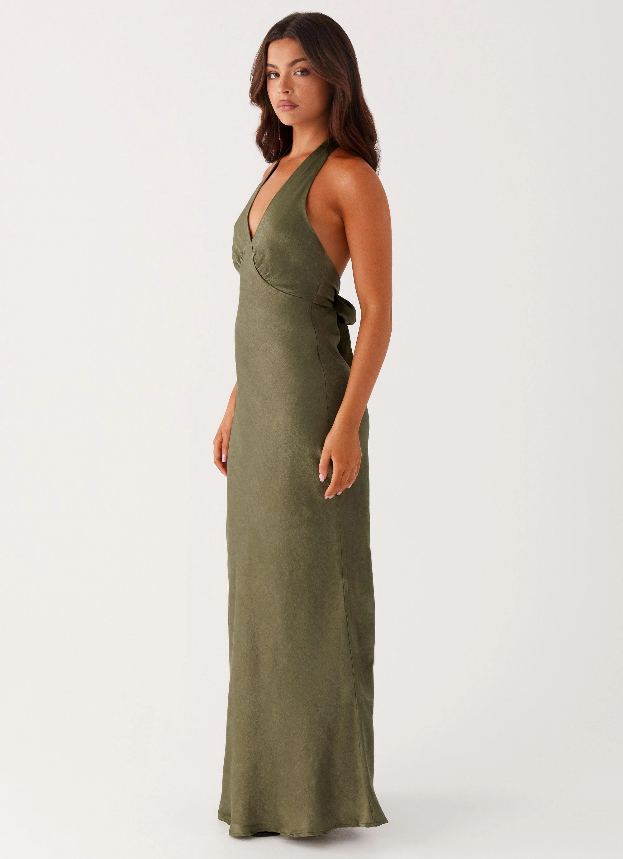 Heavy Hearted Satin Maxi Dress - Khaki Lounge Moment