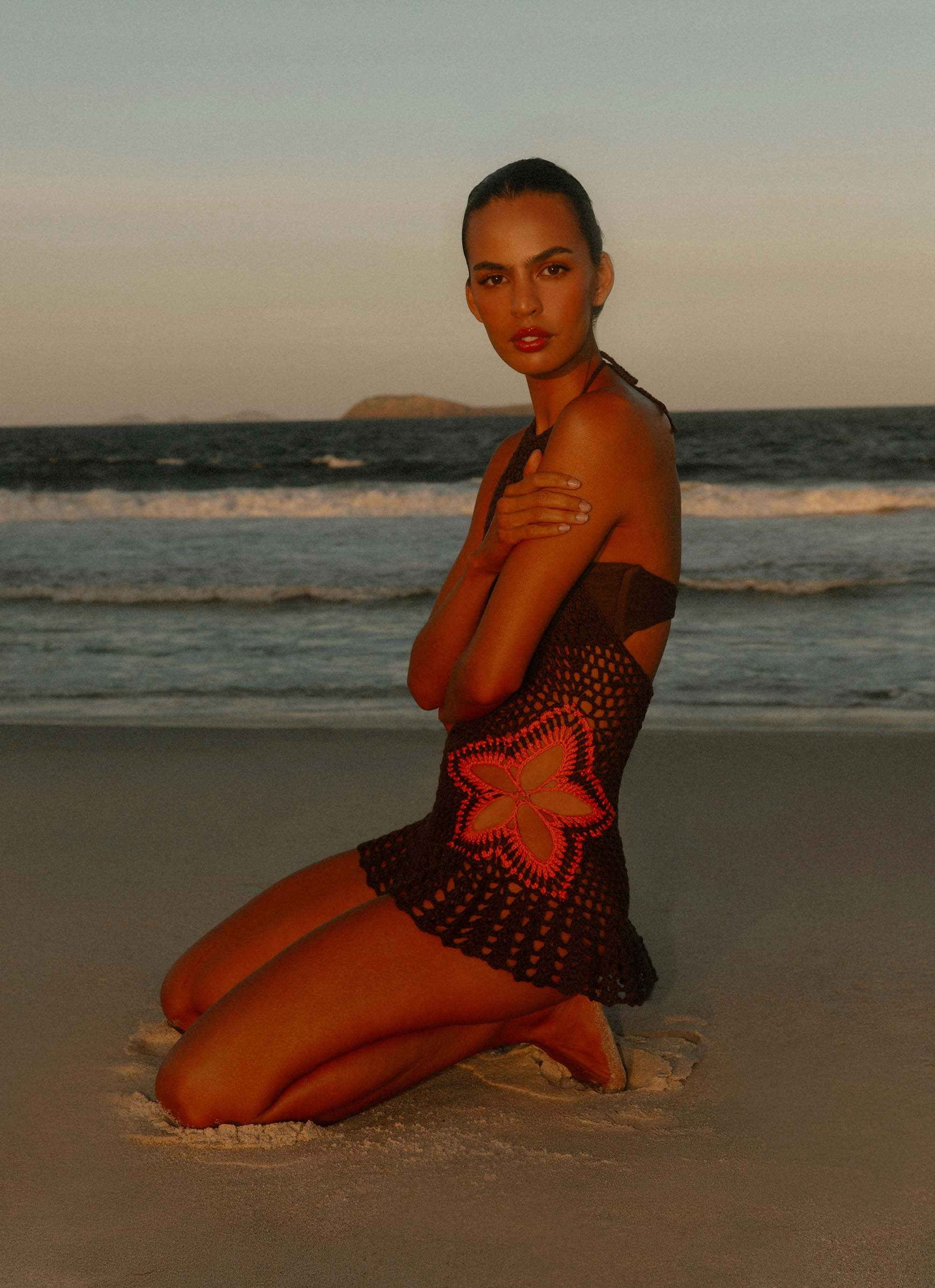 summer breeze Henley Crochet Mini Dress - Chocolate