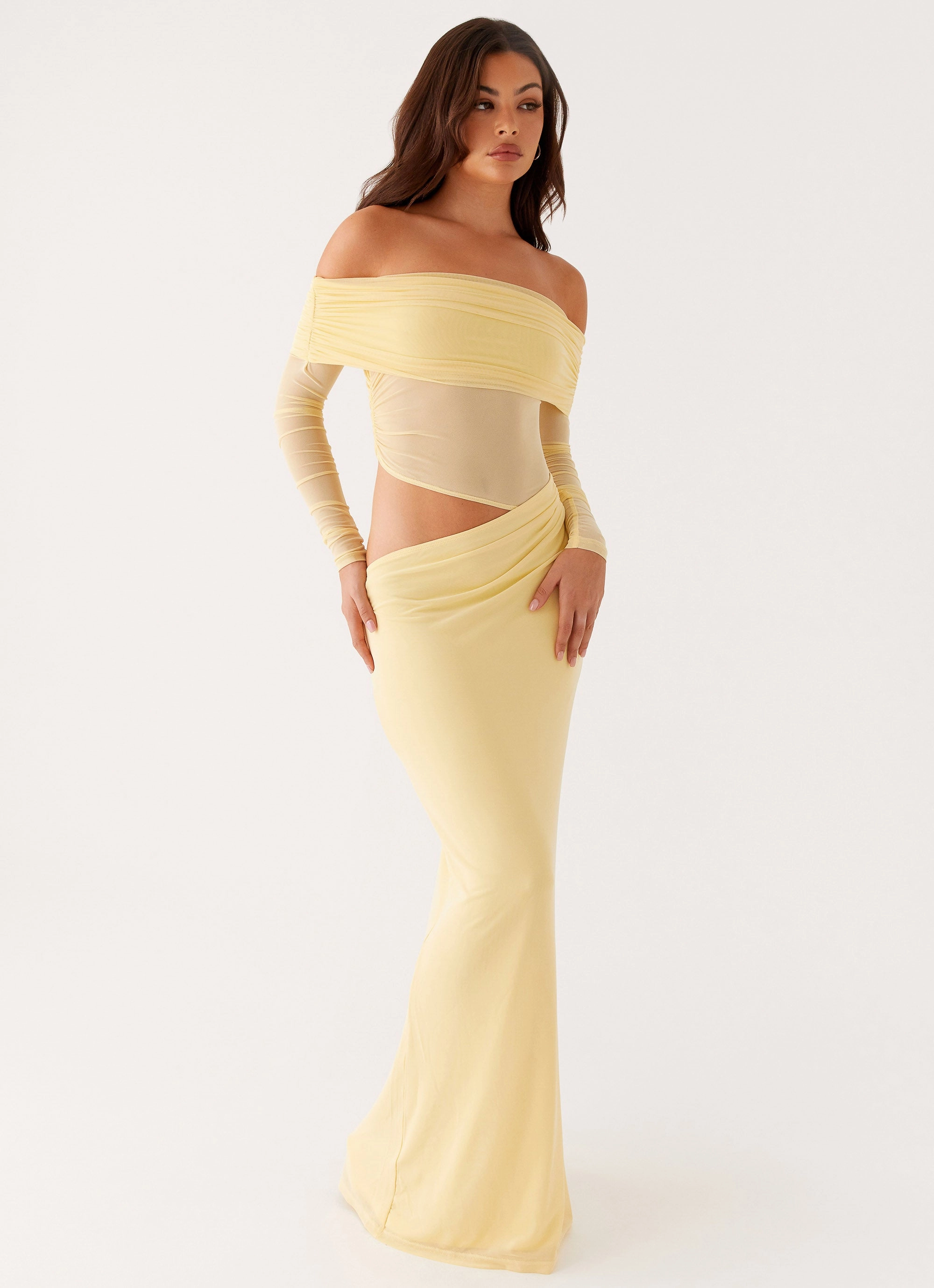Emery Maxi Dress - Yellow Draped-Style Flutter-Sleeve