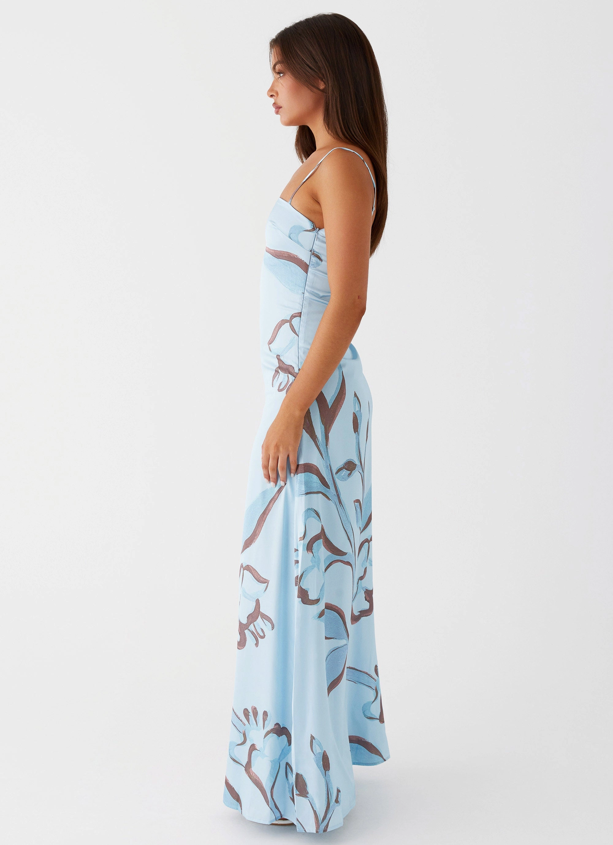 Aster Bloom Maxi Dress - Blue Floral Stud-Detail Classic Appeal