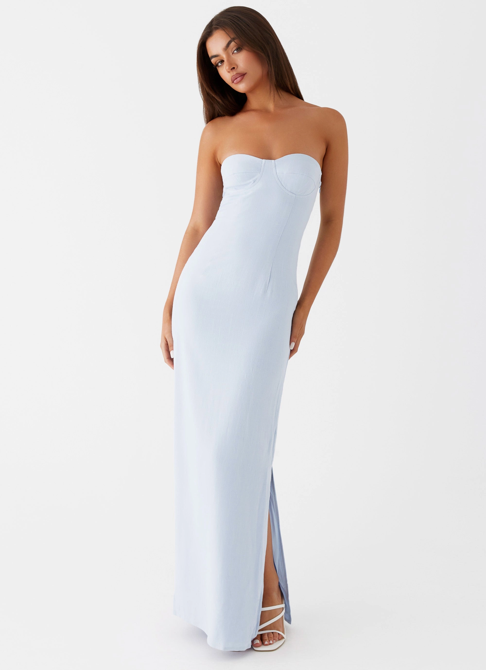Wedding guest Esra Linen Strapless Maxi Dress - Blue