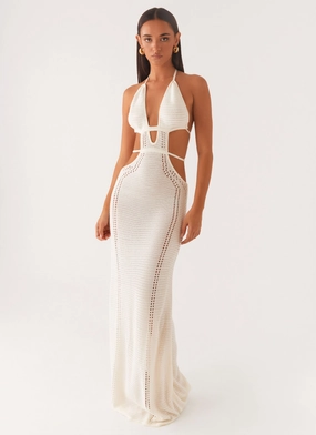 In Motion Cut Out Crochet Maxi Dress - White Stylish and Simple Flare Hem